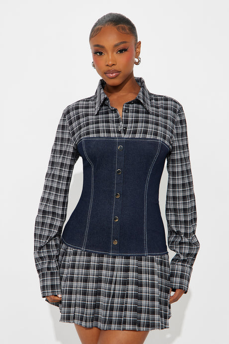 Maribelle Plaid Shirt Micro Mini Dress - Black/combo
