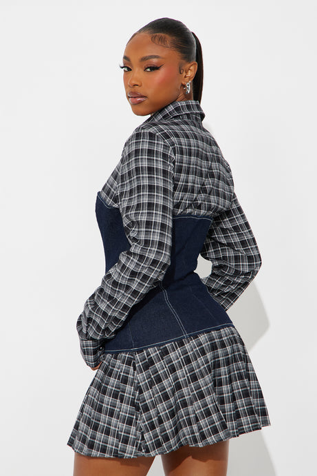 Maribelle Plaid Shirt Micro Mini Dress - Black/combo