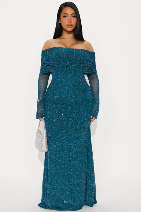 In The Spotlight Rhinestone Mesh Gown - Teal