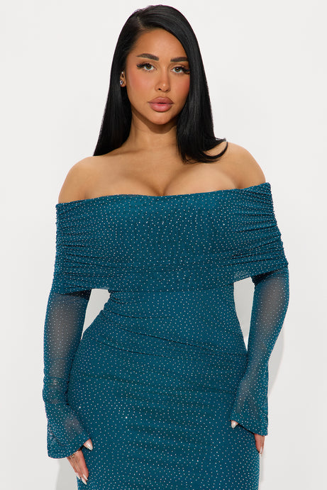 In The Spotlight Rhinestone Mesh Gown - Teal