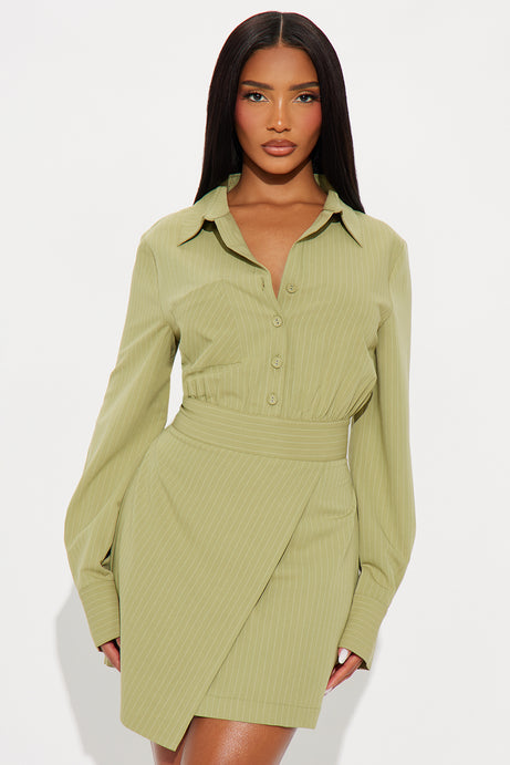 Full Schedule Pinstripe Mini Dress - Sage