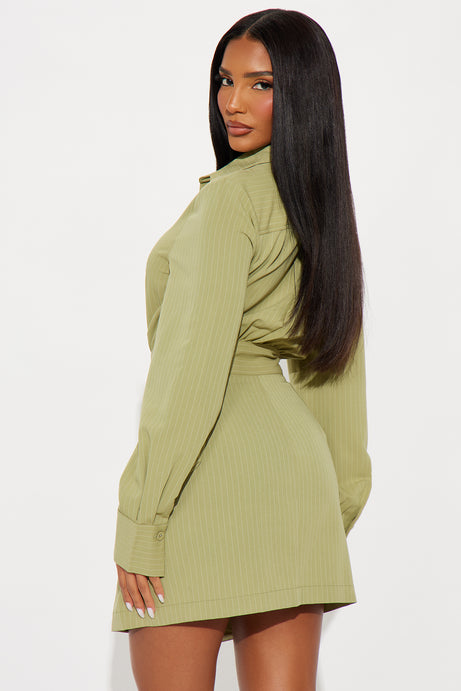 Full Schedule Pinstripe Mini Dress - Sage