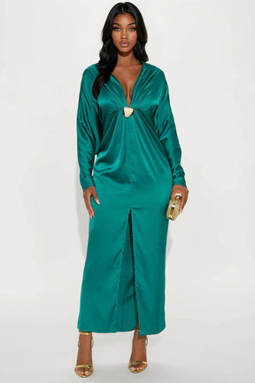 Bejeweled Pleated Satin Maxi Dress - Emerald