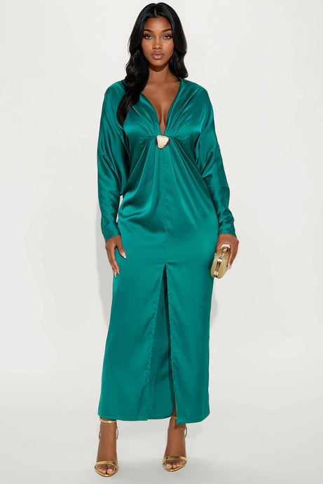 Bejeweled Pleated Satin Maxi Dress - Emerald
