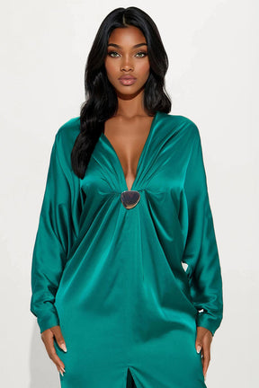 Bejeweled Pleated Satin Maxi Dress - Emerald