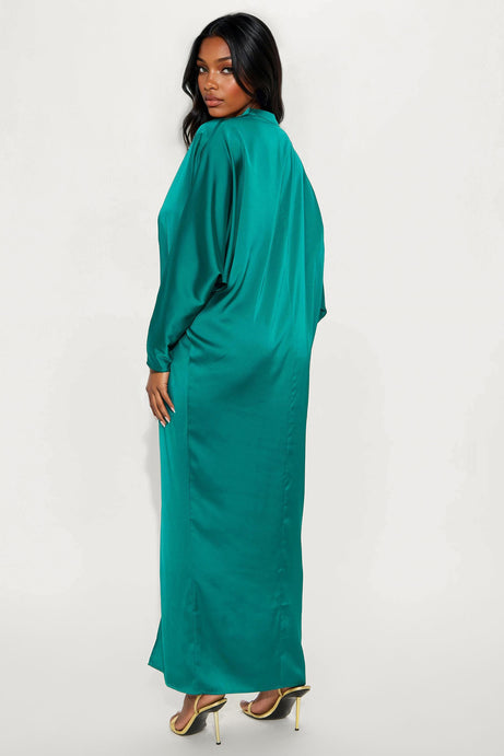 Bejeweled Pleated Satin Maxi Dress - Emerald