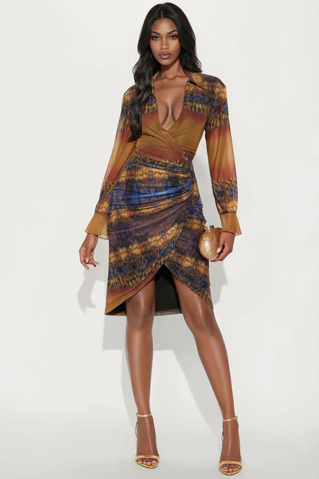Rowan Collar Print Mesh Midi Dress - Multi Color