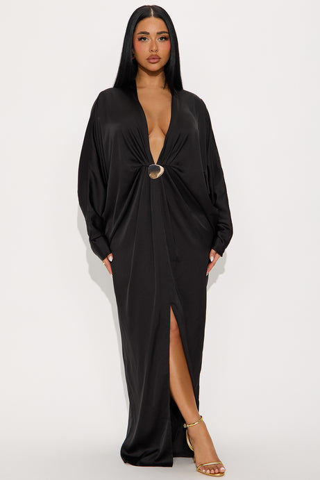 Bejeweled Pleated Satin Maxi Dress - Black