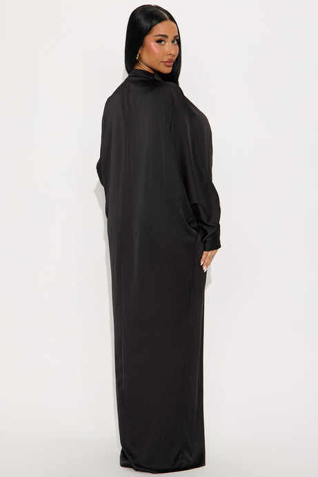 Bejeweled Pleated Satin Maxi Dress - Black