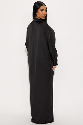 Bejeweled Pleated Satin Maxi Dress - Black