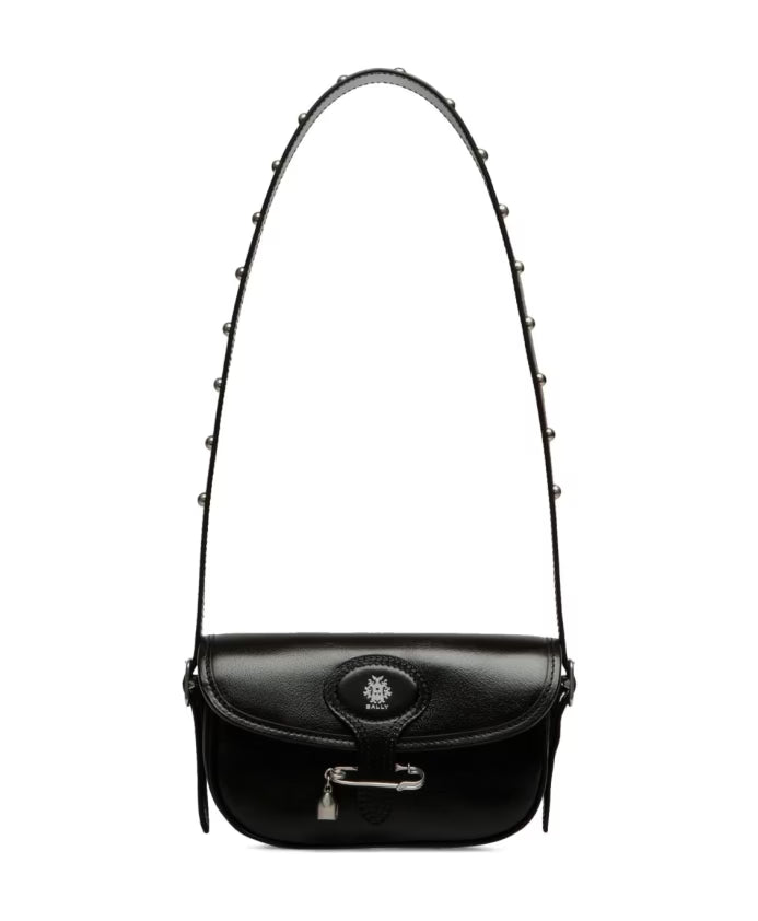 Black Foldover Shoulder Bag with Crest Motif