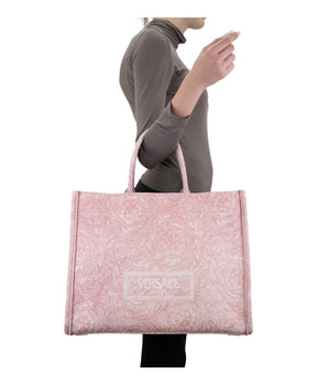 Patterned Fabric Handbag with Leather Trim