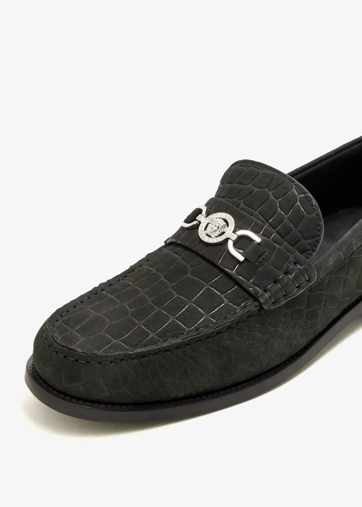 Versace Medusa Silver Hardware Croc-Embossed Loafers – Black