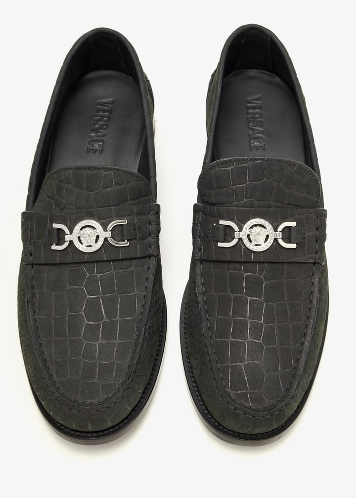 Versace Medusa Silver Hardware Croc-Embossed Loafers – Black