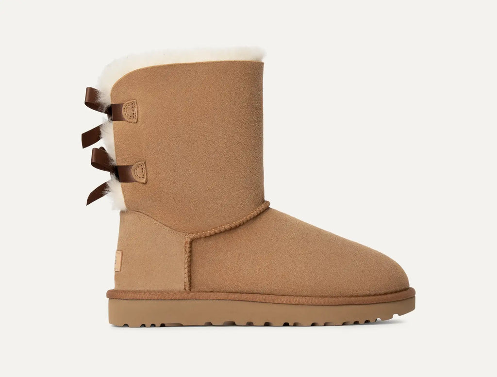 UGG® Bailey Bow Short Boot – Water-Resistant Sheepskin with Feminine Satin Bows