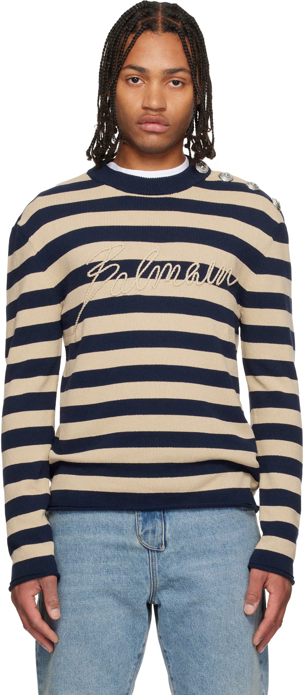 Navy & Beige 'Balmain' Logo Marinière Sweater