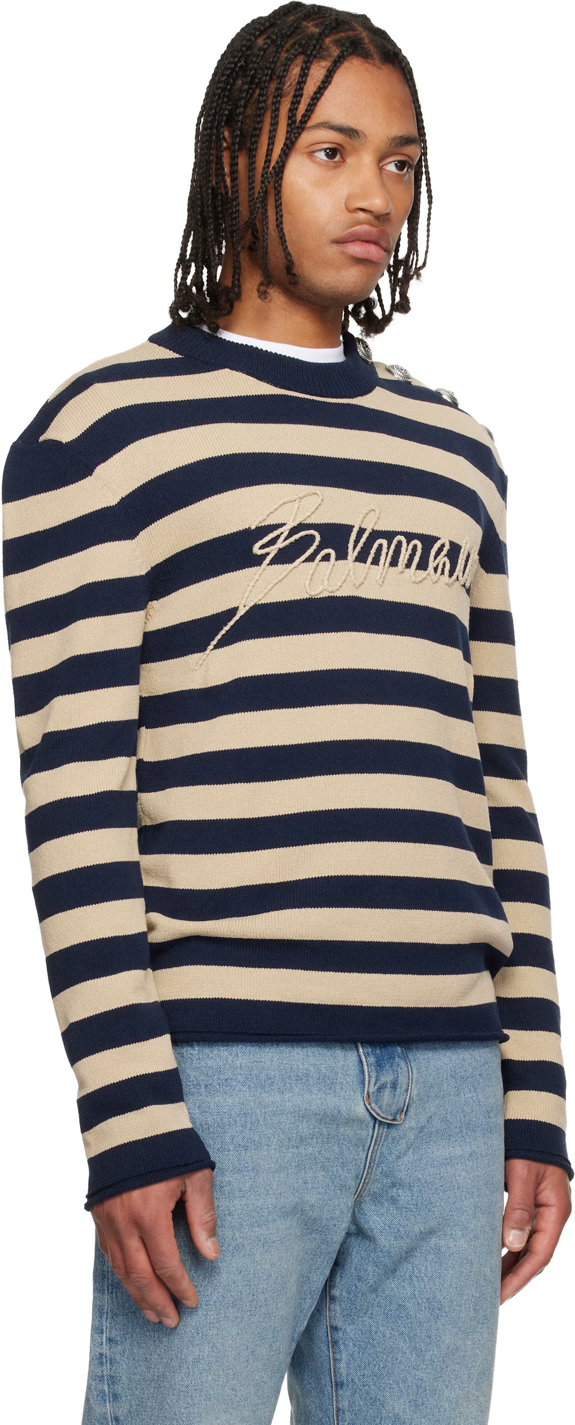 Navy & Beige 'Balmain' Logo Marinière Sweater