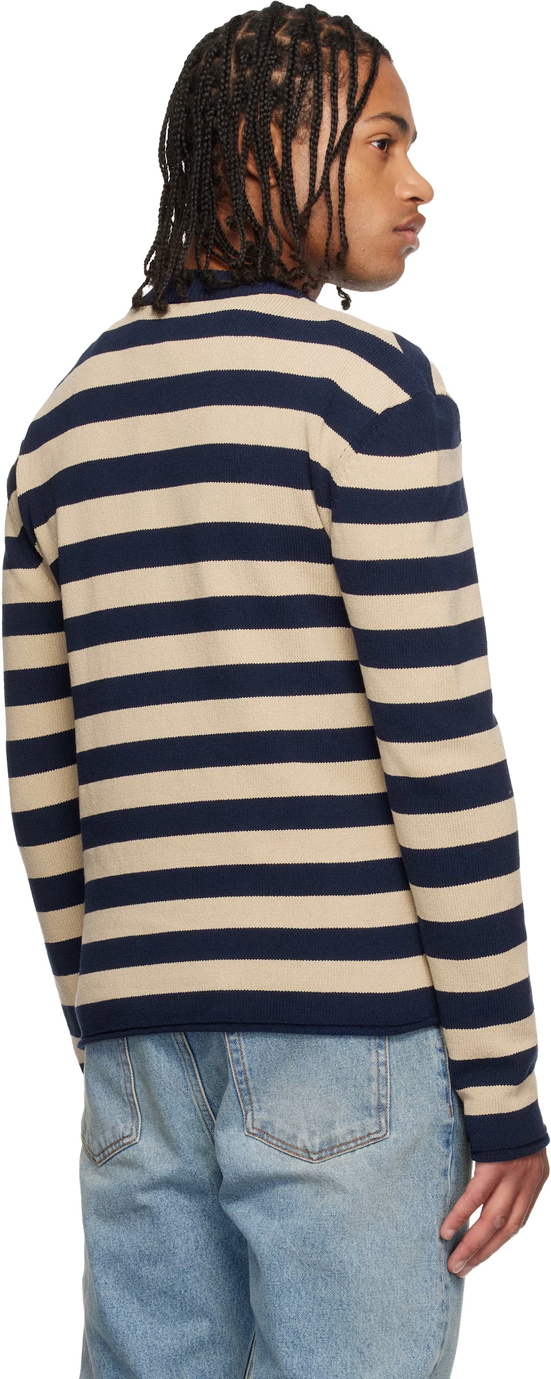 Navy & Beige 'Balmain' Logo Marinière Sweater