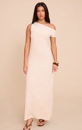 Natural Textured Woven Asymmetric One Shoulder Maxi Dress