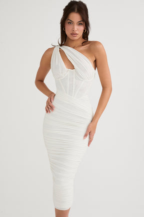 Valentina ivory asymmetric cutout midi dress