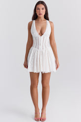 Sarita white cotton broderie anglais plunge mini dress