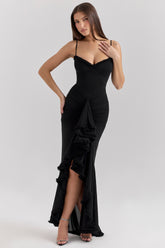 Gabbi black mesh ruffled front gown Bridesmaid Collection