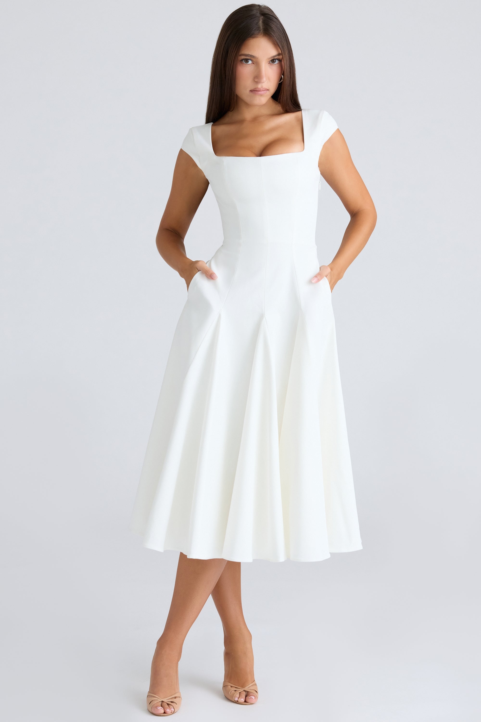 Raisa white square neck twill midi dress