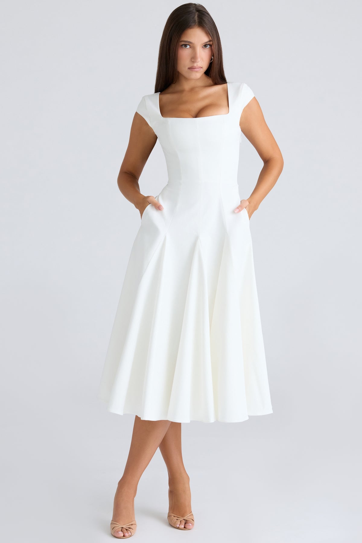Raisa white square neck twill midi dress