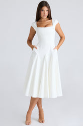 Raisa white square neck twill midi dress