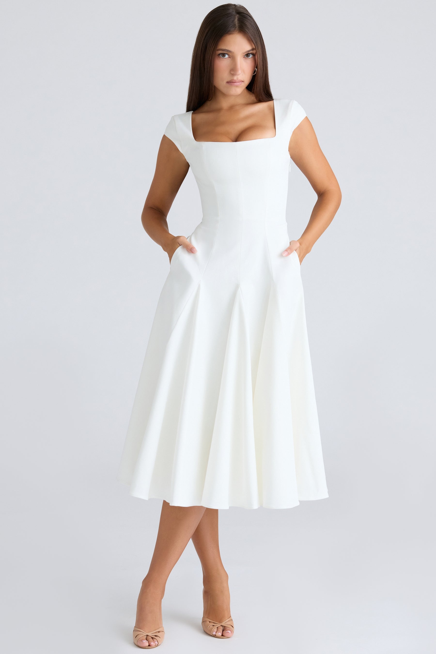 Raisa white square neck twill midi dress