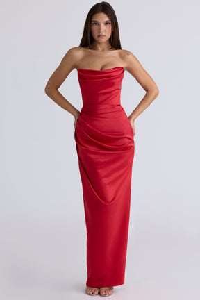 Adrienne scarlet satin strapless gown Bridesmaid Collection