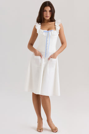 Mathilde white cotton broderie anglaise trim midi dress
