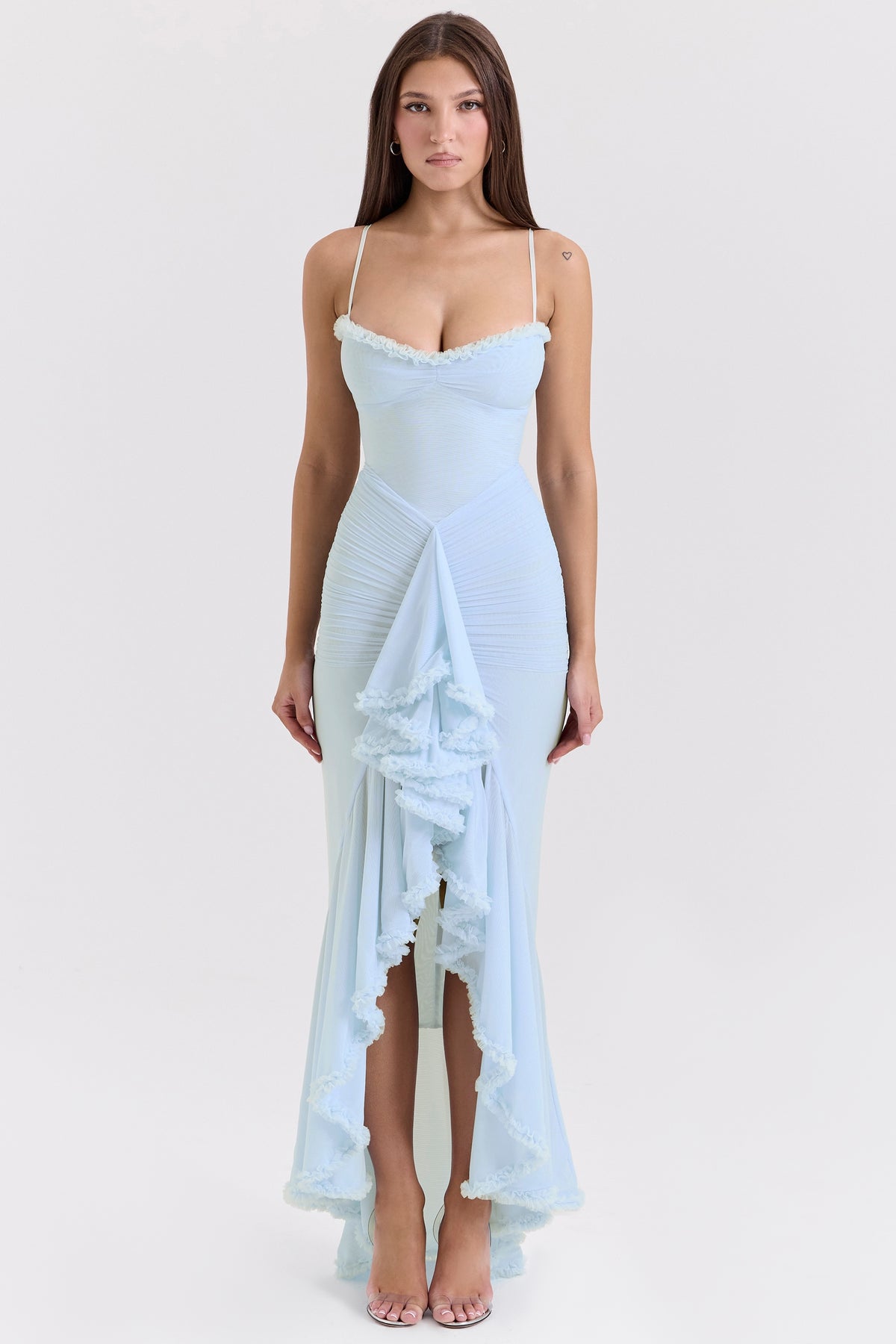 Gabbi ice blue mesh ruffled front gown Bridesmaid Collection
