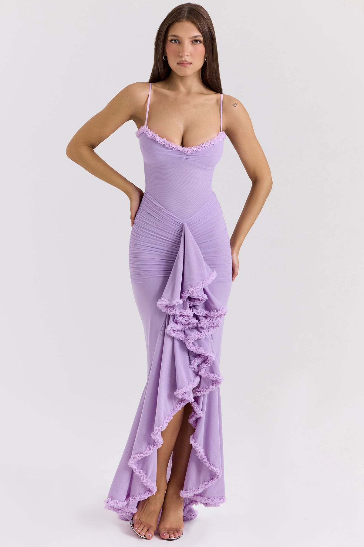 Gabbi orchid mesh ruffled front gown Bridesmaid Collection