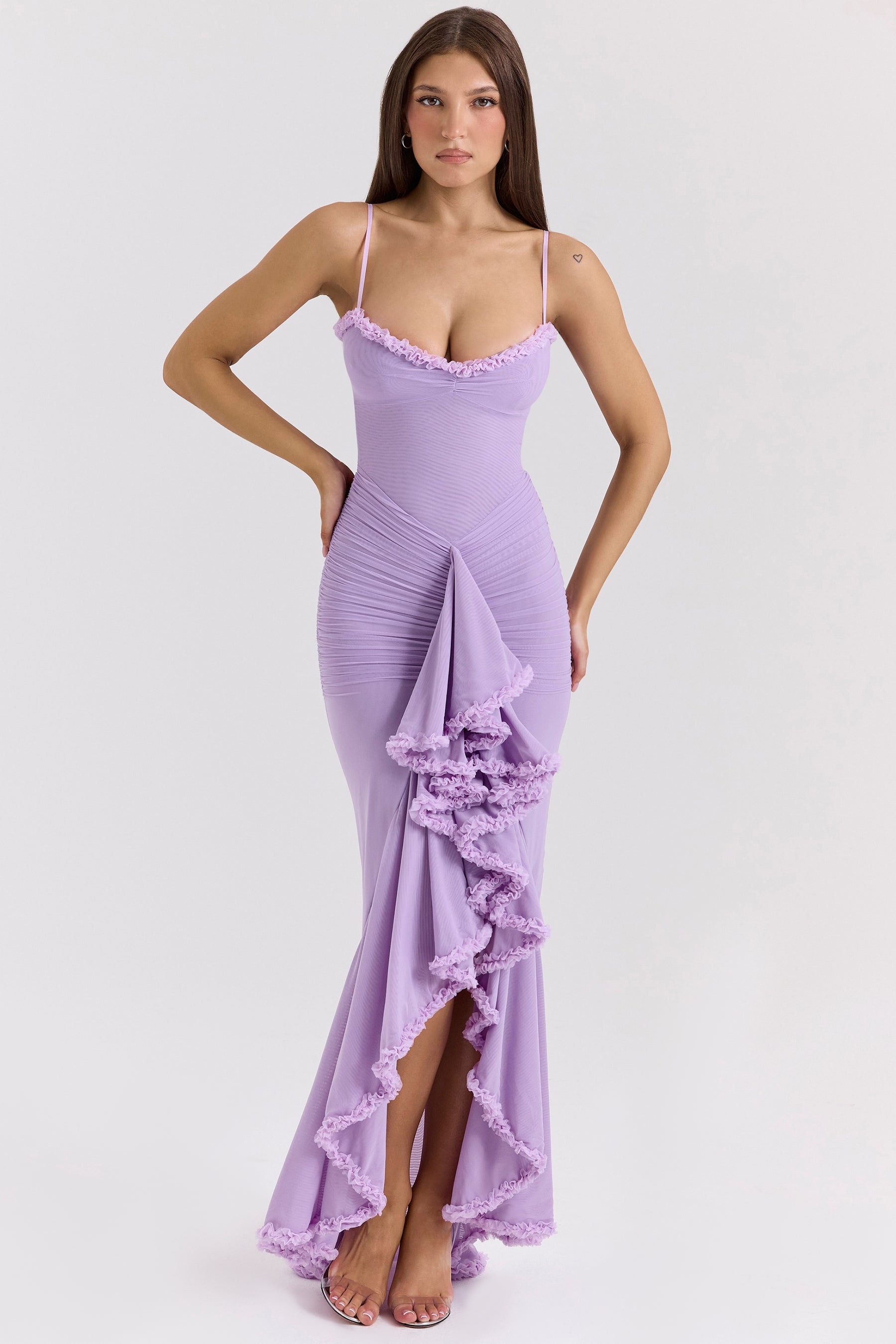 Gabbi orchid mesh ruffled front gown Bridesmaid Collection