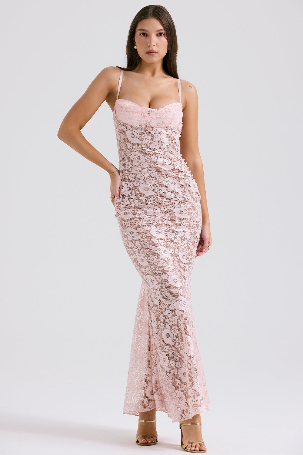 Azzurra rose pink lace godet gown Bridesmaid Collection