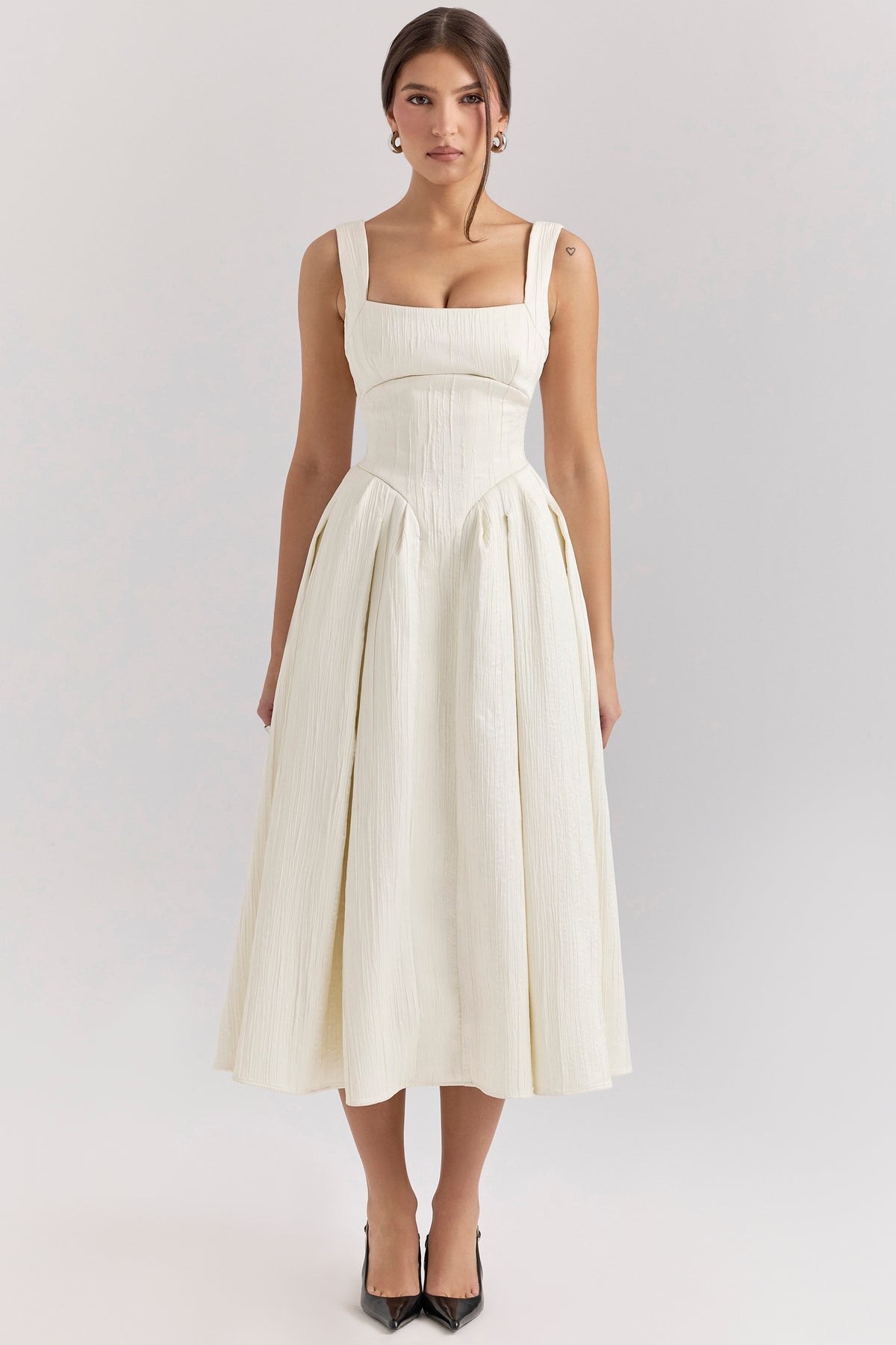 Isabeau ivory textured satin corset midi dress