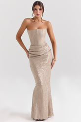 Persephone pale gold chiffon mesh strapless corset maxi dress Bridesmaid Collection