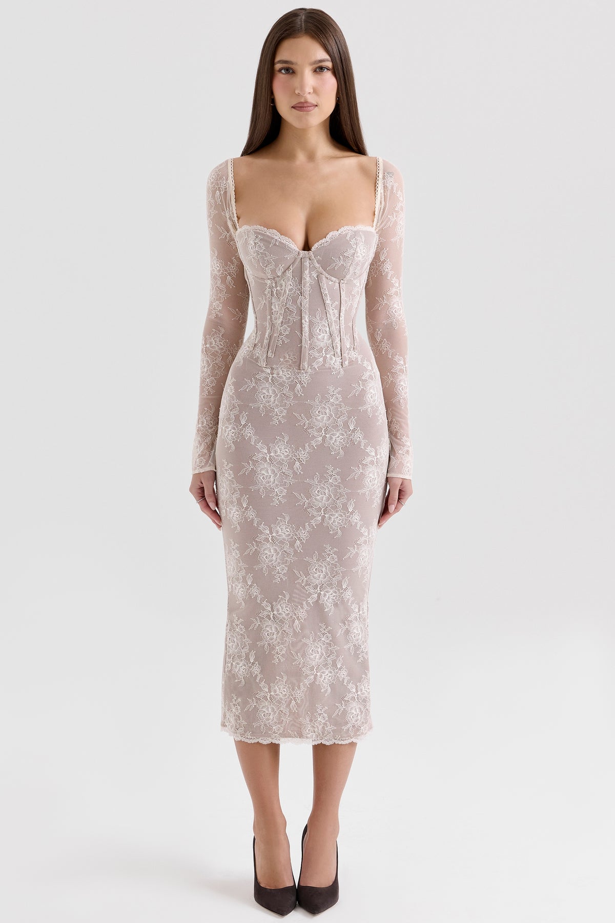 Saisha ivory lace long sleeve midi dress