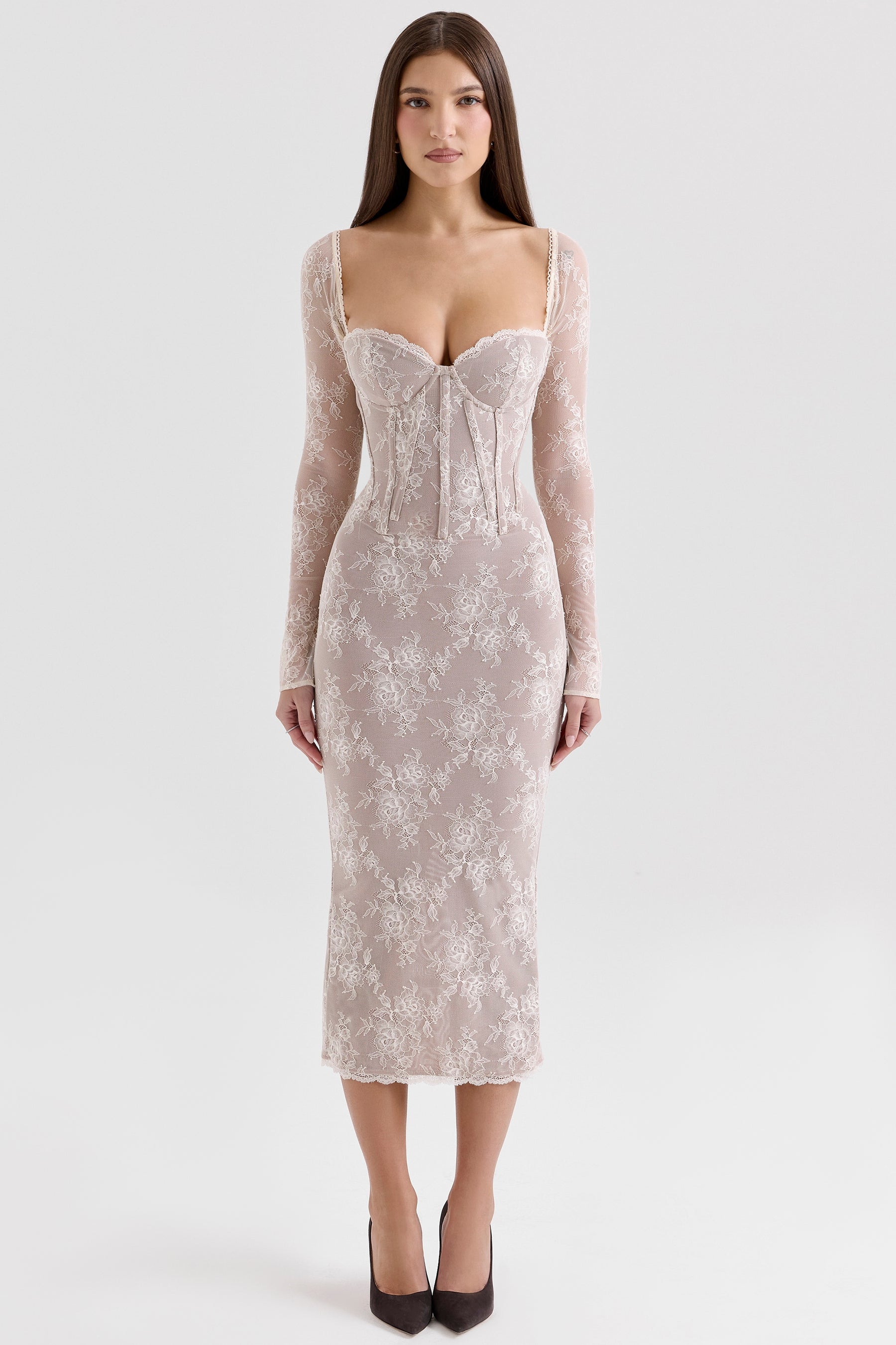 Saisha ivory lace long sleeve midi dress