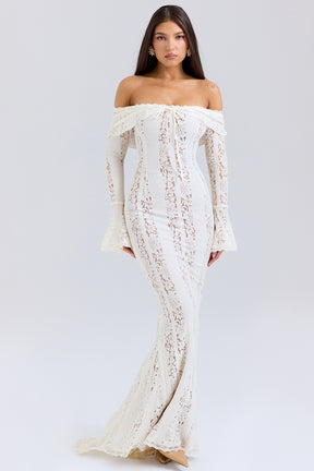 Belle vintage cream floral lace off shoulder maxi dress