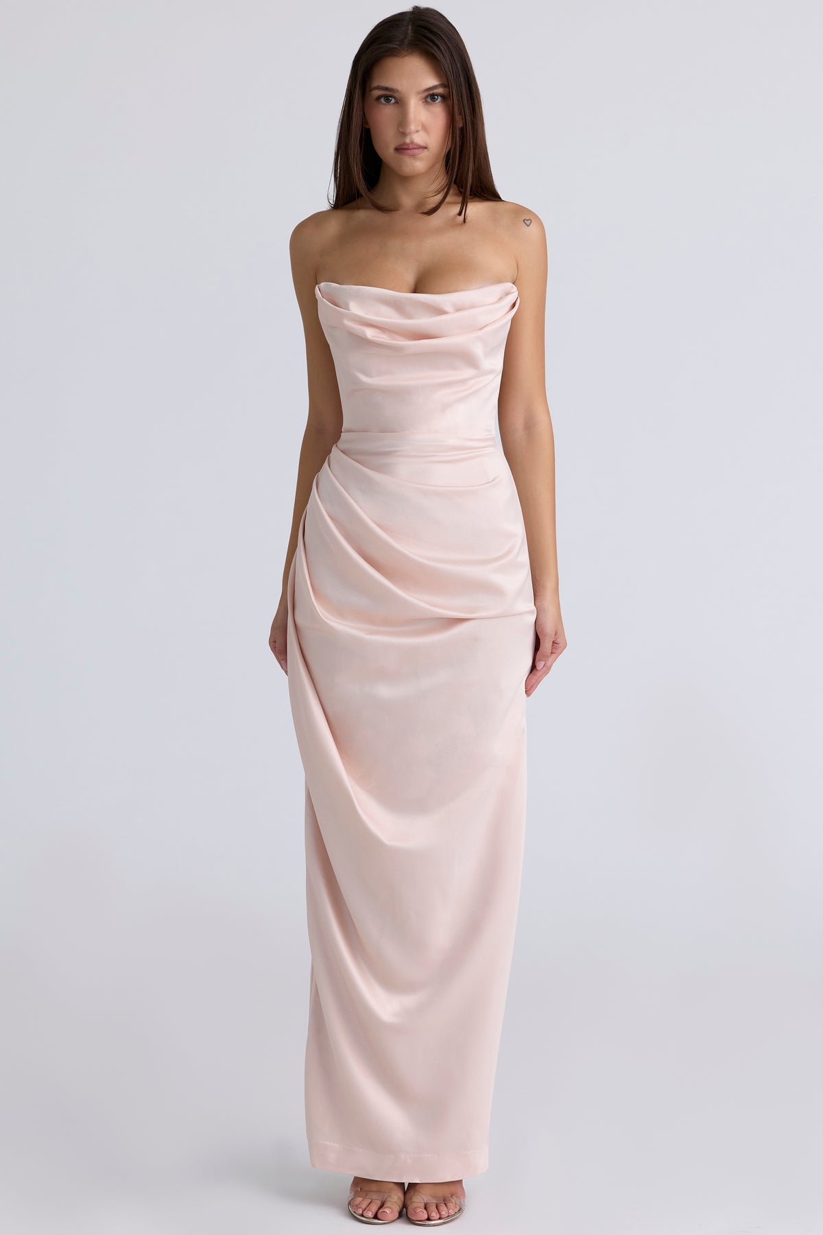 Adrienne champagne satin strapless gown Bridesmaid Collection