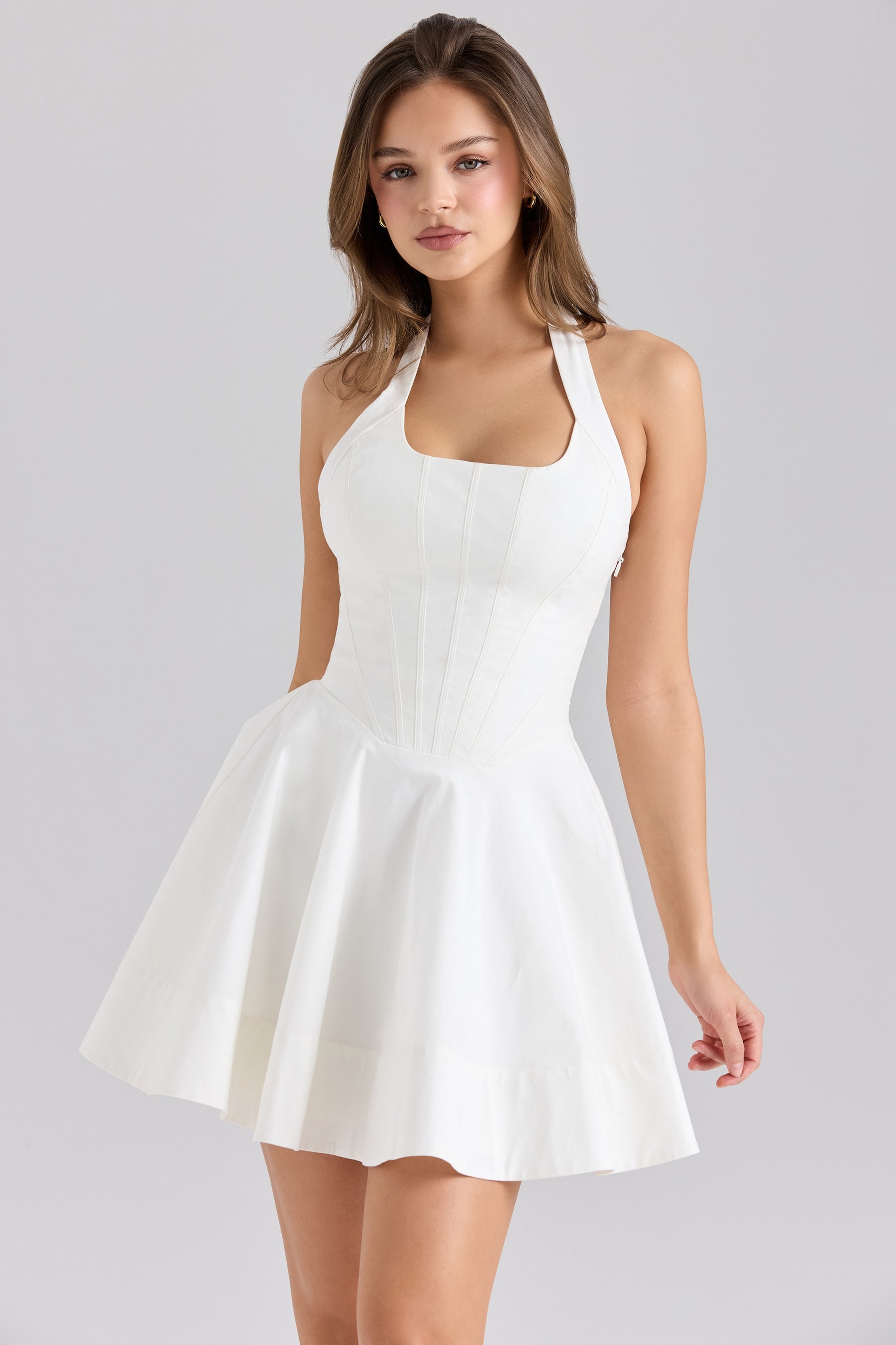 Sasha white stretch cotton halter neck mini dress