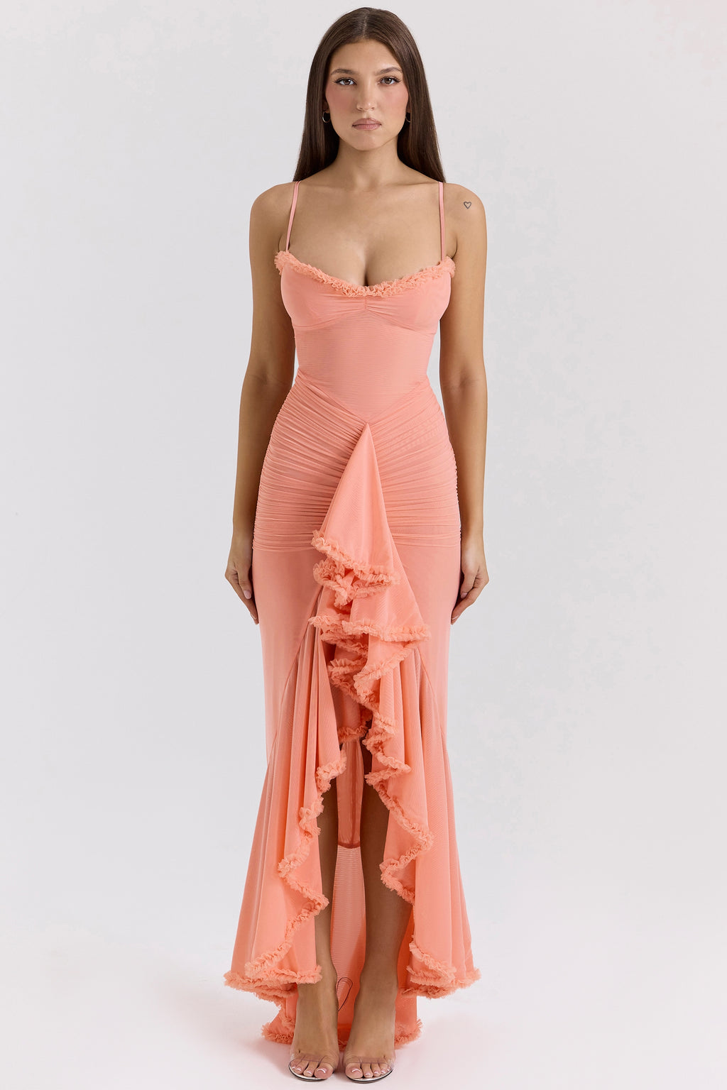 Gabbi peach mesh ruffled front gown