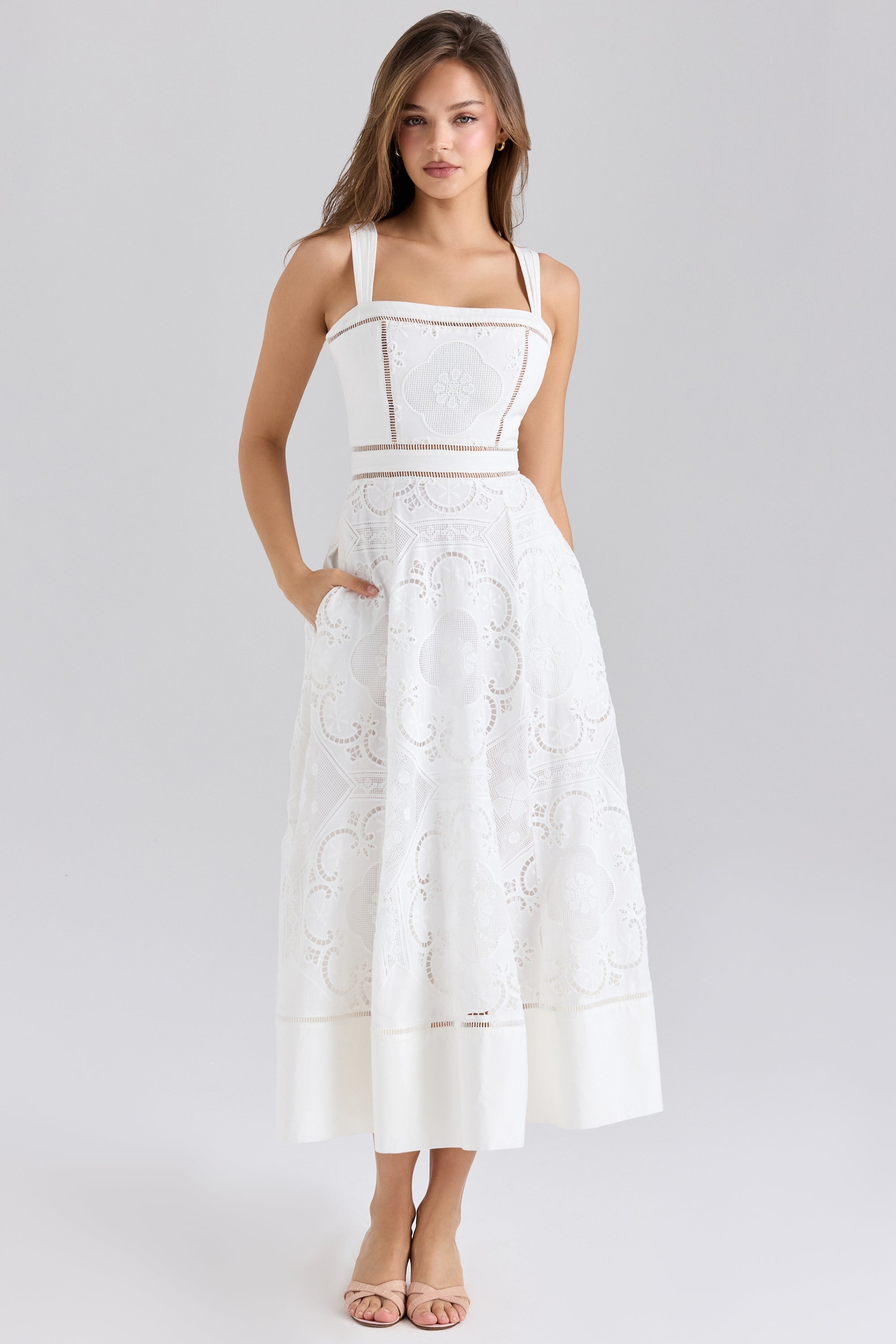 Ava white stretch cotton broderie anglaise midi dress