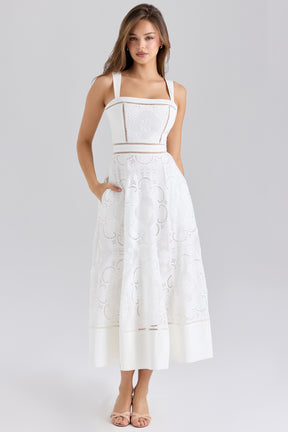Ava white stretch cotton broderie anglaise midi dress