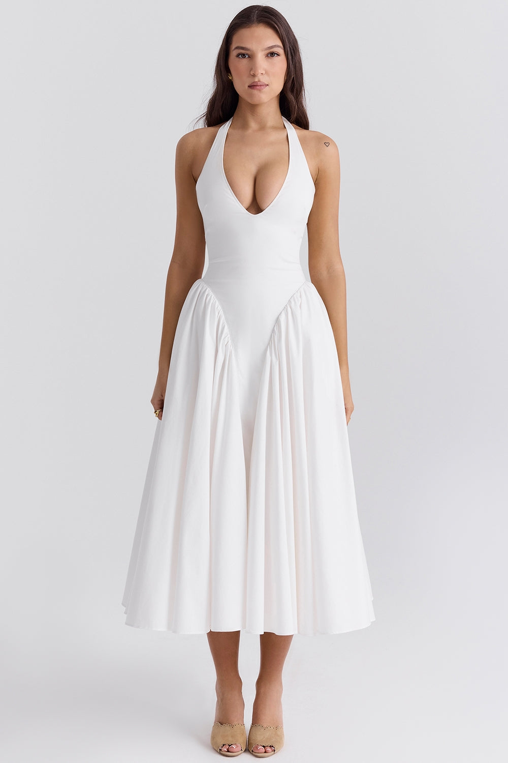 Marilyn white cotton halter midi sundress