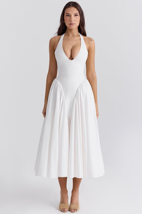 Marilyn white cotton halter midi sundress