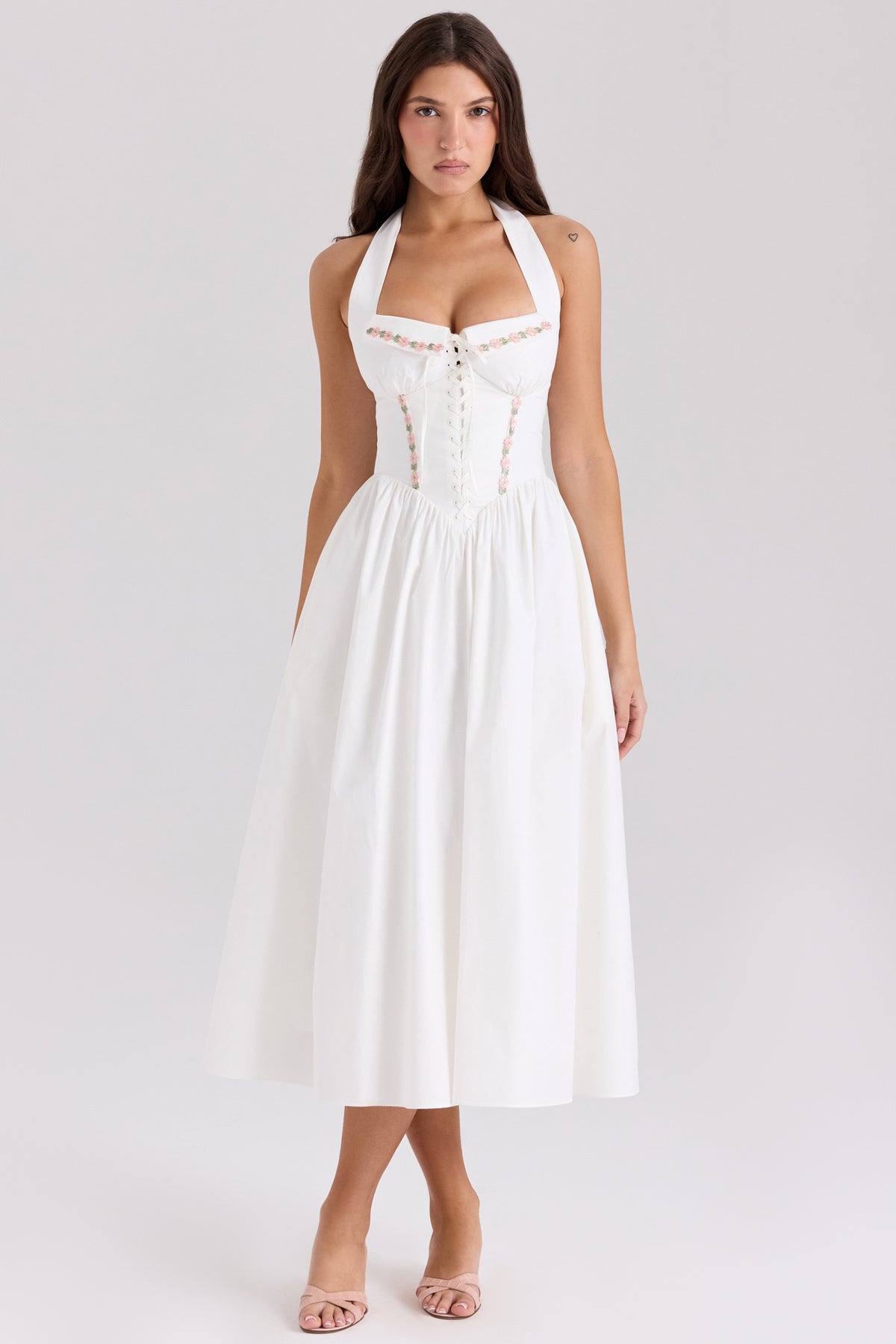 Emilia white cotton halter neck midi dress