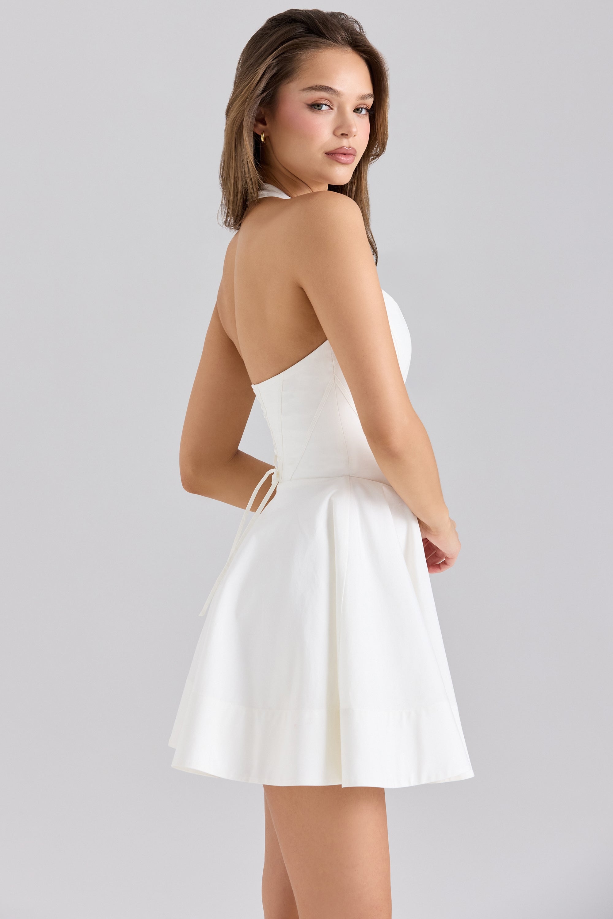 Sasha white stretch cotton halter neck mini dress